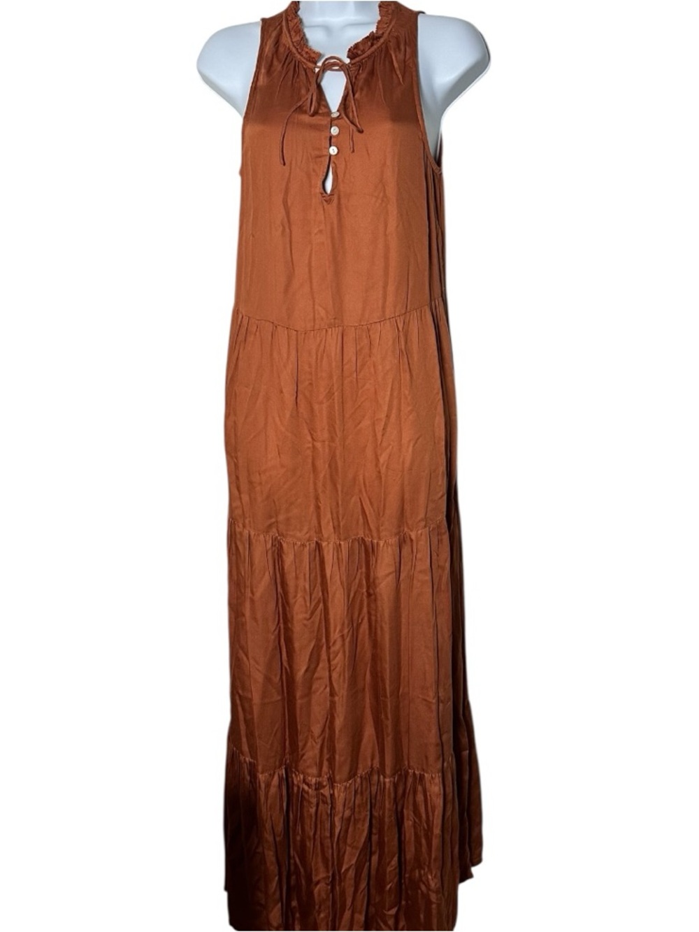 Bila77 Rust Tiered Maxi Dress Boho Sleeveless Keyhole Rayon Size Small - Picture 2 of 6